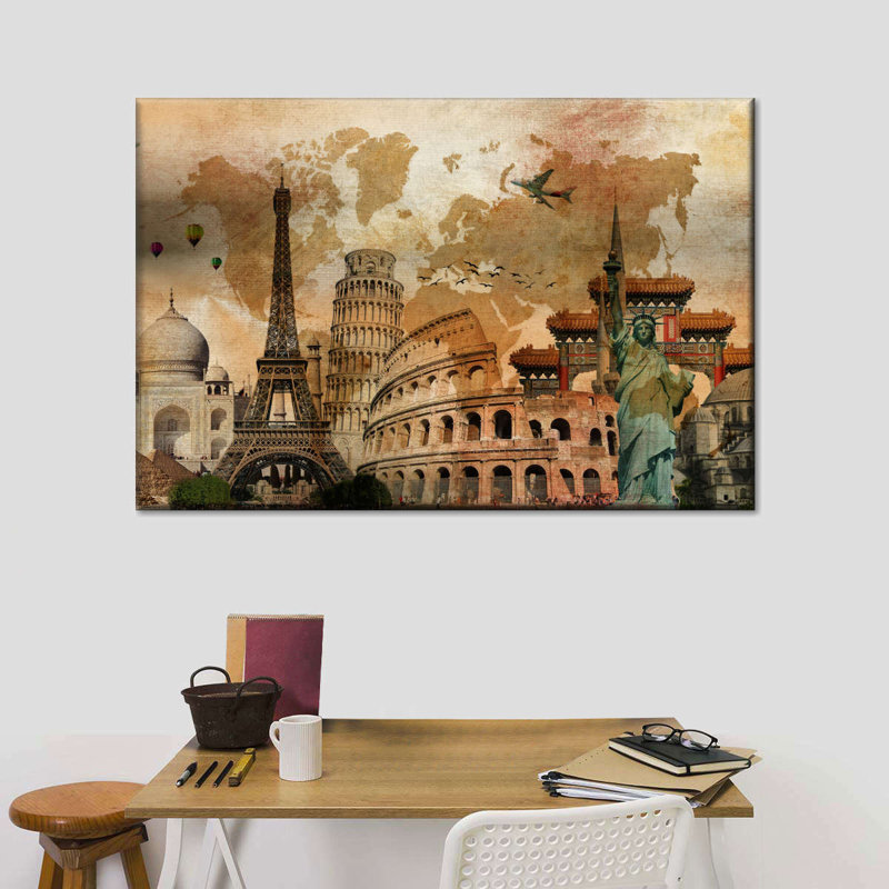 Rustic Landmark World Map Canvas Print, 8" H x 12" W x 1" D