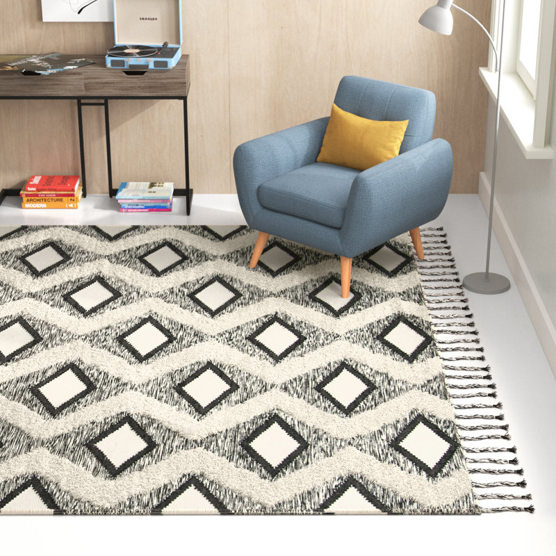 Alimatou Hand Knotted Wool/Cotton Geometric Rug in Beige/Black, Rectangle 6' x 9'