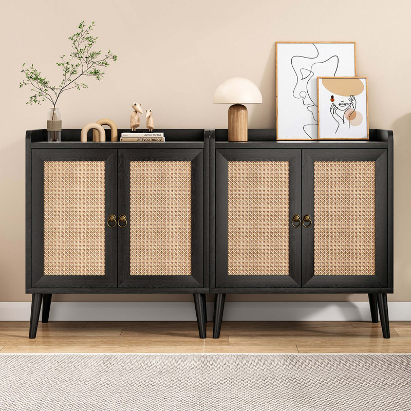 Sideboard Buffet Cabinet With Storage, Bar Liquor Cabinet With Rattan Decorated Doors, Credenza Console Tablefor Dining Room, Living Room,Hallway
