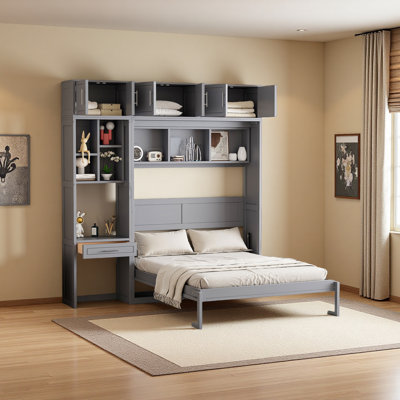 Lit escamotable mural avec bureau, armoire supérieure et tablettes de rangement, lit pliable peu encombrant