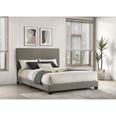 Queen Panel Bed Upholstered In Taupe Fabric, Padded Headboard, Rubberwood And Engineered Wood For Bedroom Centerpiece With Construction, Black Solid Legs