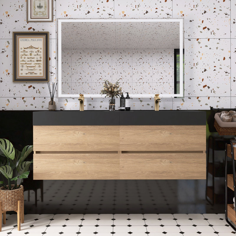 Bathroom Vanity Matte Black Engineered Quartz Sink, 60"