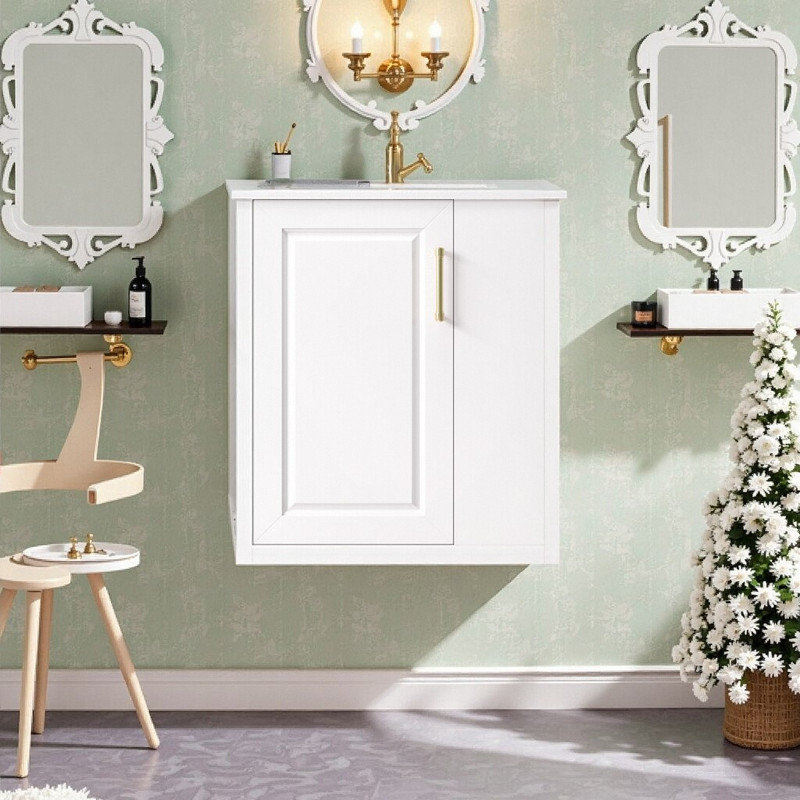 Meuble-lavabo mural de 20 po avec lavabo en céramique, armoire de rangement latérale et porte à fermeture en douceur