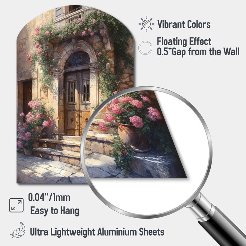 Village Door Filled With Flowers III - Asymmetrical Farm Door Floral Metal Wall Art, Arch Metal Wall Sculpture Print