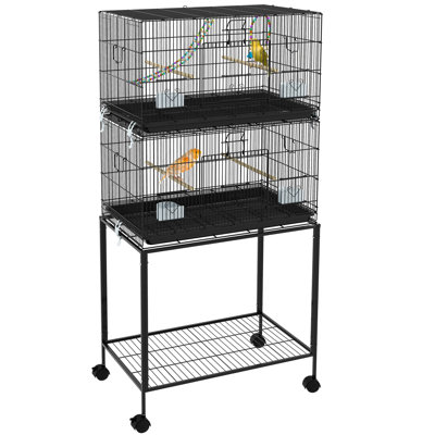 Double Stackable Bird Cage With Stand, Wheels & Removable Tray. For , , Finches. Steel, Wooden Swing. 29.95" L X 17.87" W 64.5" H. Black Stand And - Lovebirds, Small Parrots Colorful Swing, Rope ,