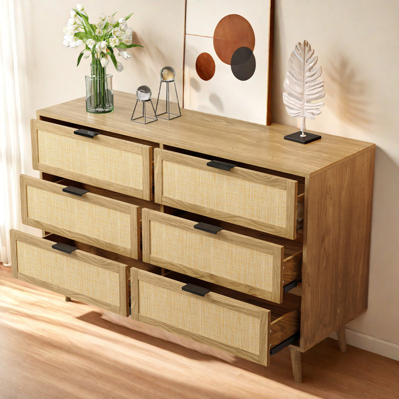 Commode à 6 tiroirs l 46,7 po Atyia, commode double en rotin pour chambre à coucher, commode à tiroirs moderne, Naturel