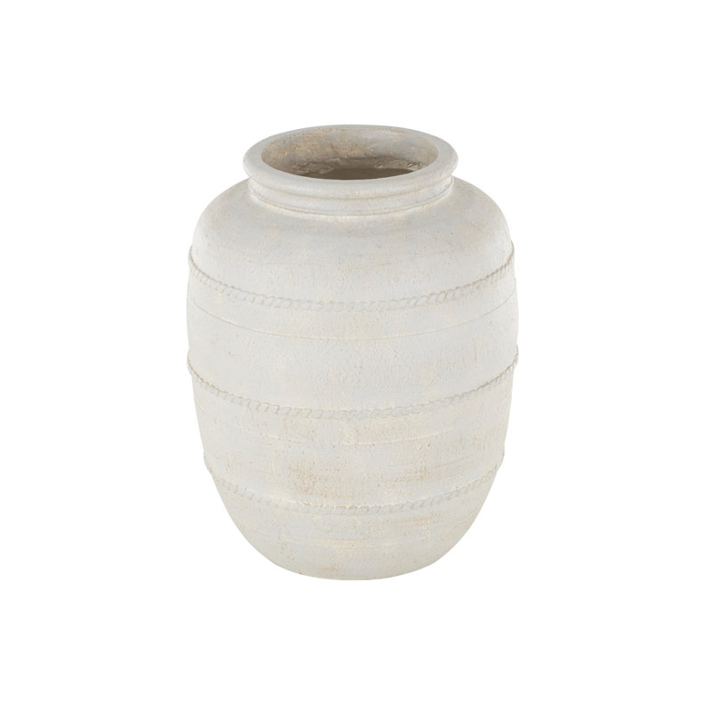  Magnesium Oxide Distressed Decorative Vase with Raised Braided Accents, Cream