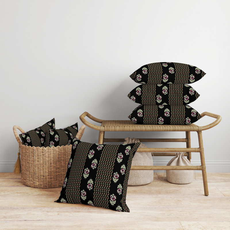 Coussin Anemone, Noir / rose floral / géométrique / cachemire, H 18 po x l 18 po