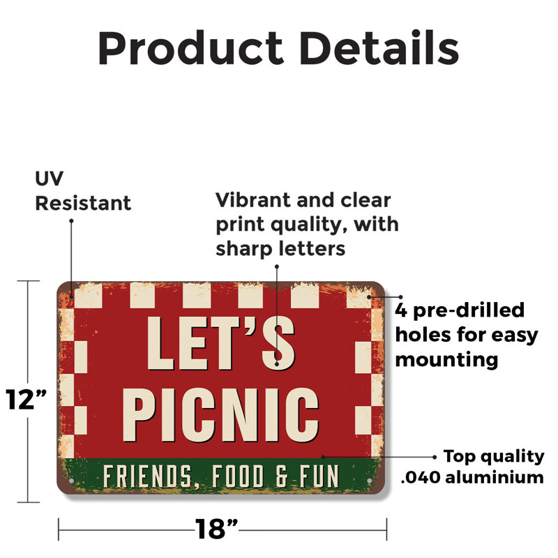 Enseigne de fantaisie en aluminium 12 po x 18 po Lets Picnic Street