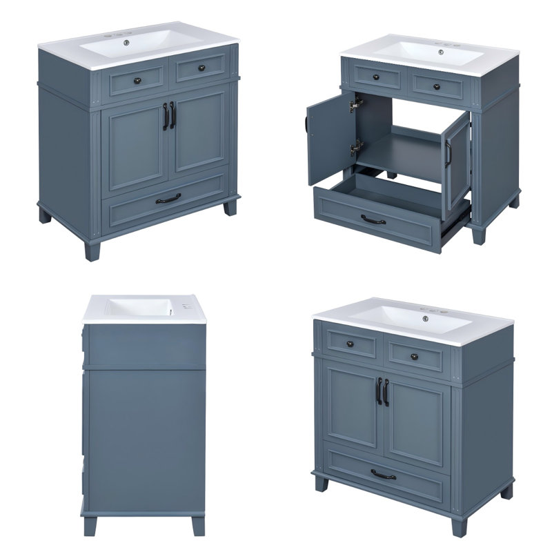 Meuble-lavabo bleu rétro 30 po avec lavabo en céramique, portes à fermeture douce et structure en bois massif, grand espace de rangement pour les espaces modernes
