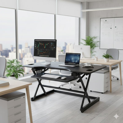 Rocelco 46 in. Black Height Adjustable Standing Desk Dual Monitor Riser with Gas Spring Assist and Keyboard Tray