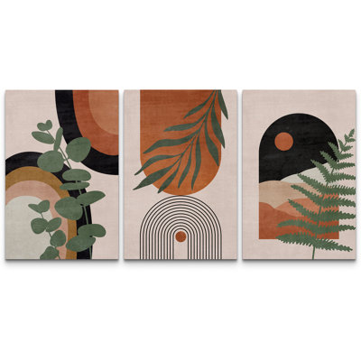 Mid Century Modern Boho Geometric Desert Dune Jungle Palm Leaf - 3 Piece Floater Frame Graphic Art Set on Canvas