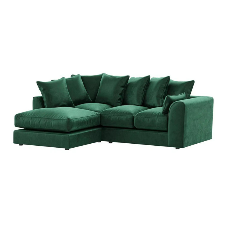4 Seater Velvet Sofa & Chaise, Left, Green