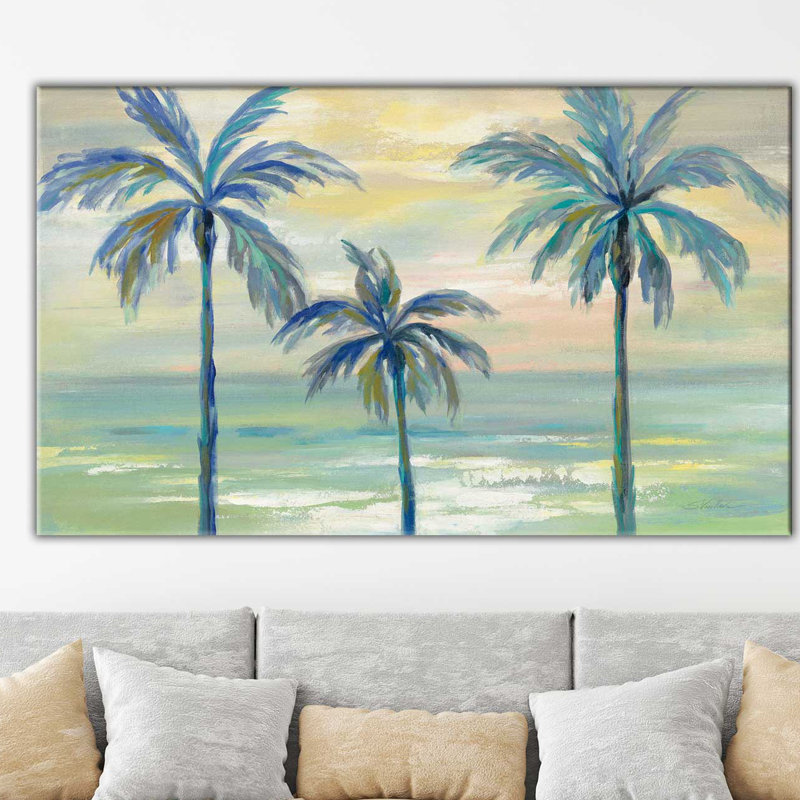 «Marine Layer Palms», reproduction de peinture acrylique sur toile, H 31,5 po x l 51,5 po x P 2 po, Cadre flottant champagne