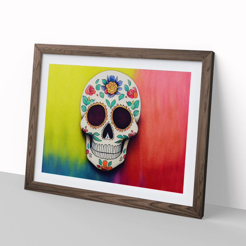 A Decorated Floral Sugar Skull - Framed Print, 46cm H x 64cm W x 2cm D, Walnut