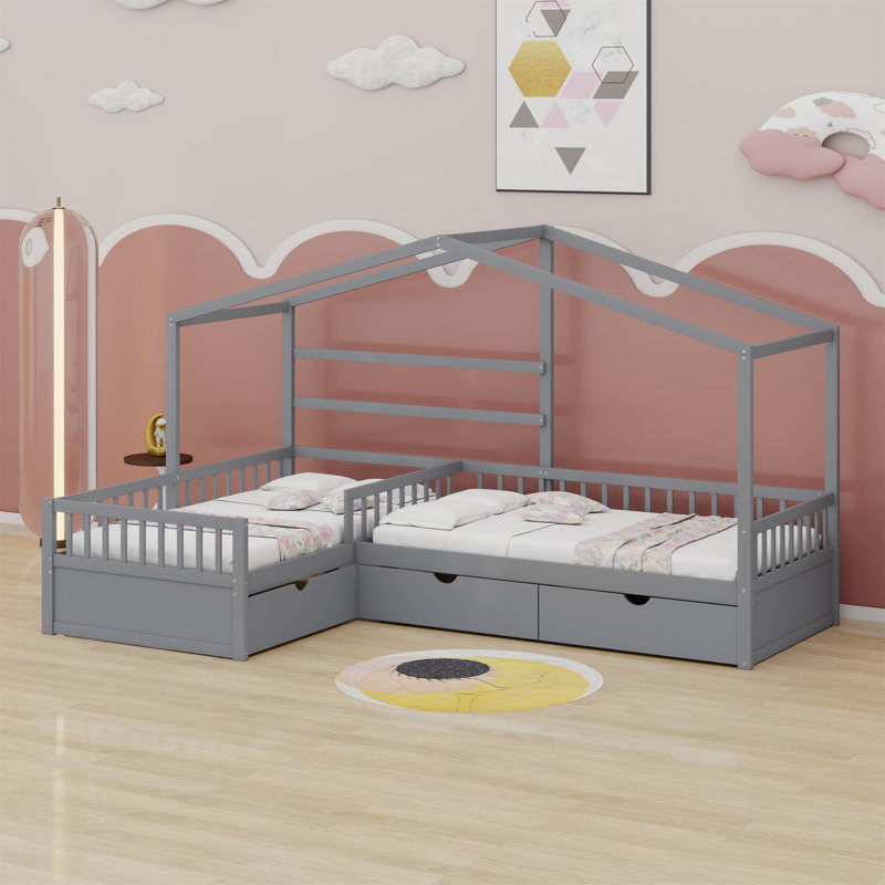 Lit plateforme House avec trois tiroirs de rangement, Gris