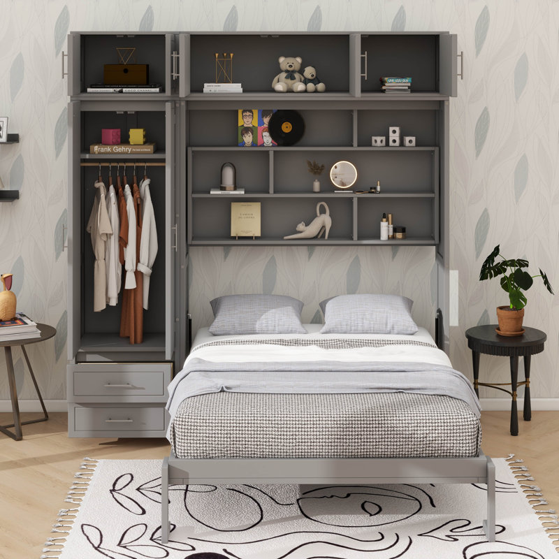 Élégant grand lit mural avec armoire supérieure, système d'étagères et garde-robe intégré, Gris