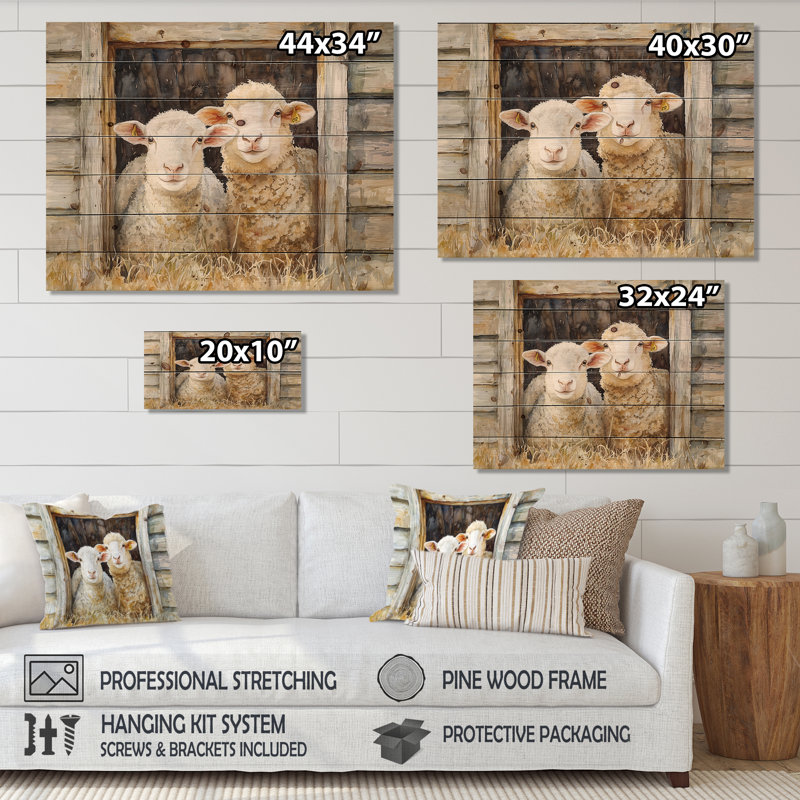 «Besty Sheep Portrait At The Farm» - Art mural en bois de mouton - sur bois de pin naturel, H 34 po x l 44 po x P 0,78 po