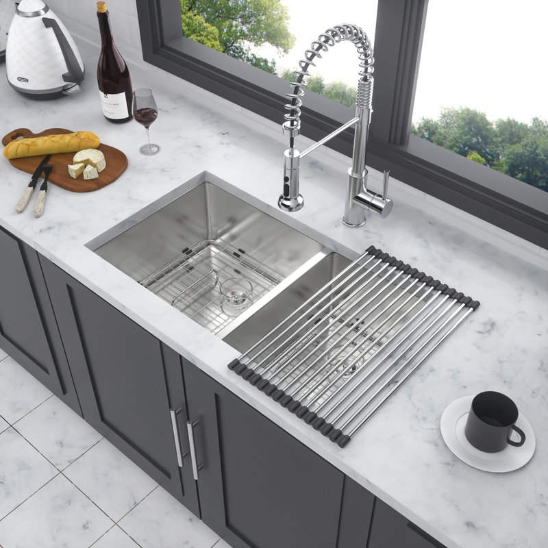 16 Gauge Stainless Steel 32x18 inch Undermount Double Bowl Kitchen Sink (60/40) with 9 Inch Deep Sink