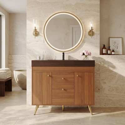 Ensemble de meuble-lavabo simple 36 po avec comptoir en pierre frittée durable et pieds fuselés, finition bois moderne