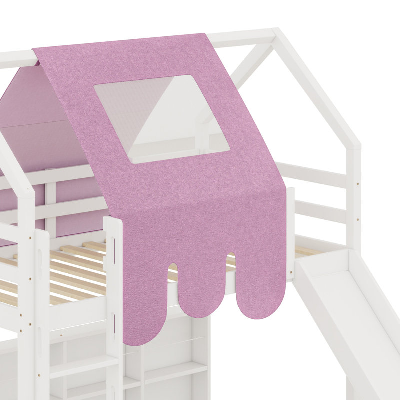 Structure de lit en mezzanine avec tente, Lit simple, Blanc / Rose