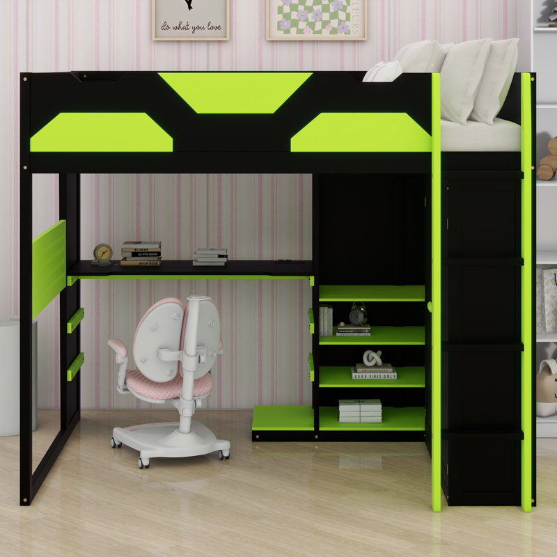 Multifunctional Wooden Loft Bed Featuring Desk, Wardrobe, Shelves, USB & RGB Lighting, Green