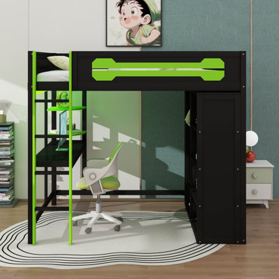 Loft Bed With Desk, Open Wardrobe And RGB Light, Wood Loft Bed With Charging Station, Shelves And Pegboard Design