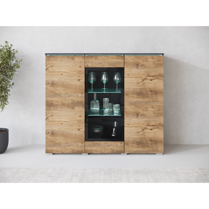 Dejanee Cm, Chest Of Drawers With Glass Panels, With Led Lighting, Kasztanien Breslau/Graphite Matera