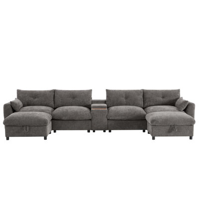 Modular Sectional Sofa With Movable Storage Ottoman And Console,Cup Holder,Wide Seat,6 Seat U Shaped Couch,Oversized Chenille Sofa With USB Charger Fo by Hokku Designs