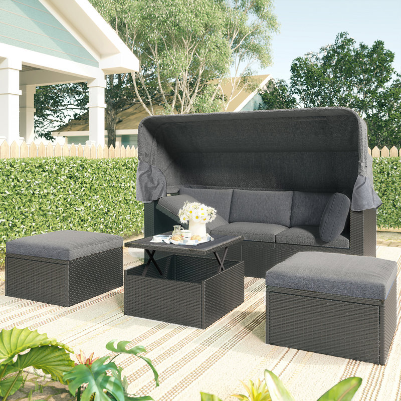 Lit de jour d'extérieur rectangulaire pour patio avec auvent rétractable, Gris