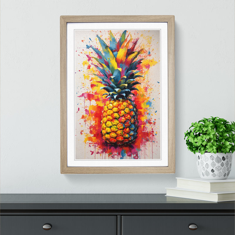 Pineapple Action Painting No.2 - Single Picture Frame Print on Wood, Oak Framed, 64cm H x 46cm W x 2cm D