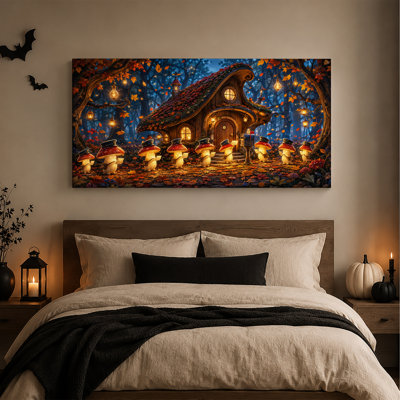Facteurs champignons devant une maisonnette incurvée en automne, toile murale d'Halloween