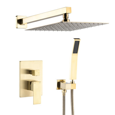 Combinaison de douche en or brossé de 10 pouces avec débit d'eau réglable, inverseur et fonction facile à nettoyer pour les salles de bain modernes Poignée à levier complète, température constante