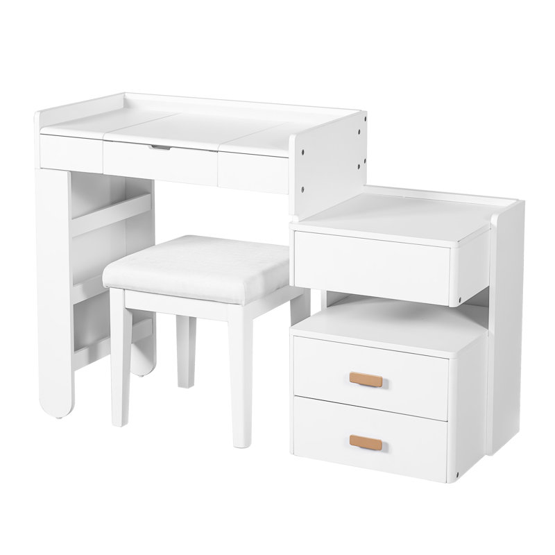 31 Vanity With Flip-Top Mirror, 3 Color Lighting, And Retractable Storage Cabinet - Ideal For Small Spaces Desk Hidden Comfortable Stool Frame A Well Constructed