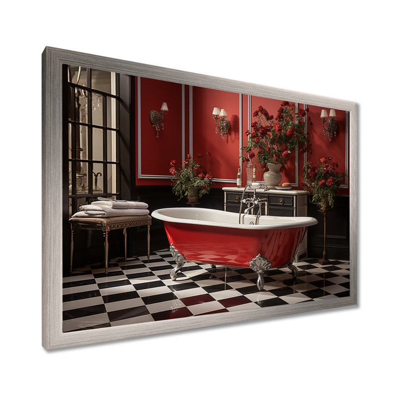 «Red Modern Bathroom Charm IV - Laundry», reproduction d'art sur toile, H 24 po x l 32 po x P 1 po, Cadre simple argenté