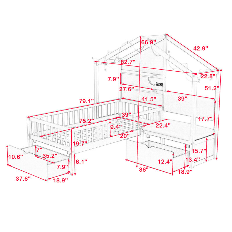 Lit plateforme simple en bois avec canapé rembourré et tablettes Boyadjis, Gris