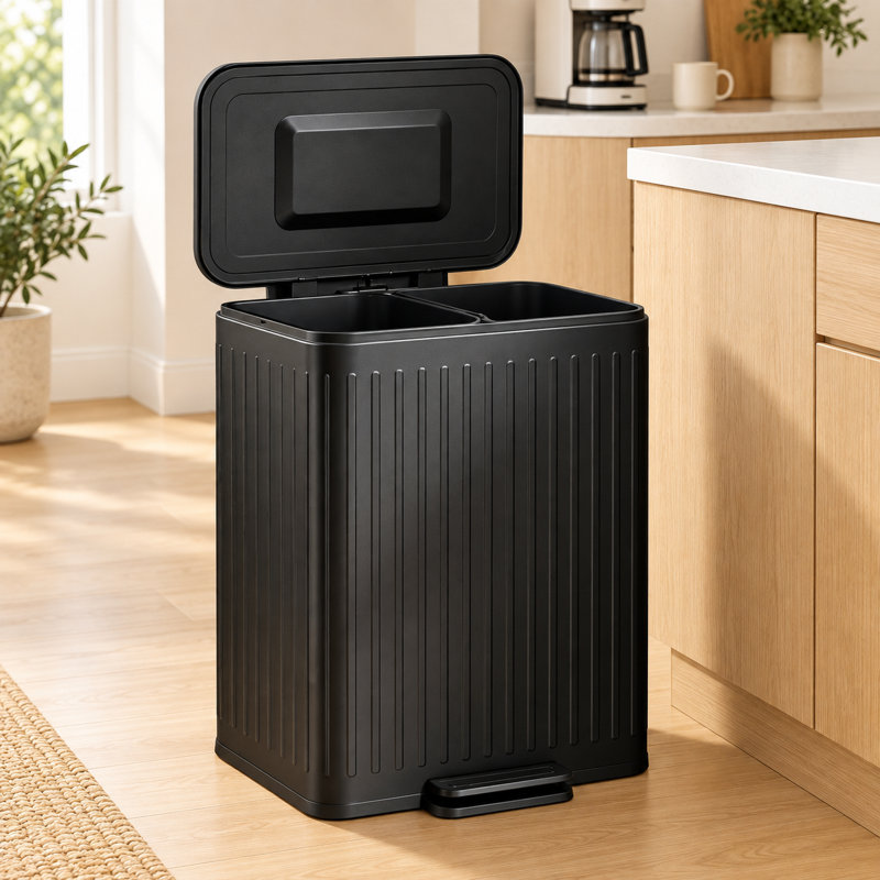 10.6 Gallon Black Ribbed Dual Compartment Kitchen Trash Can with Foot Pedal, Black