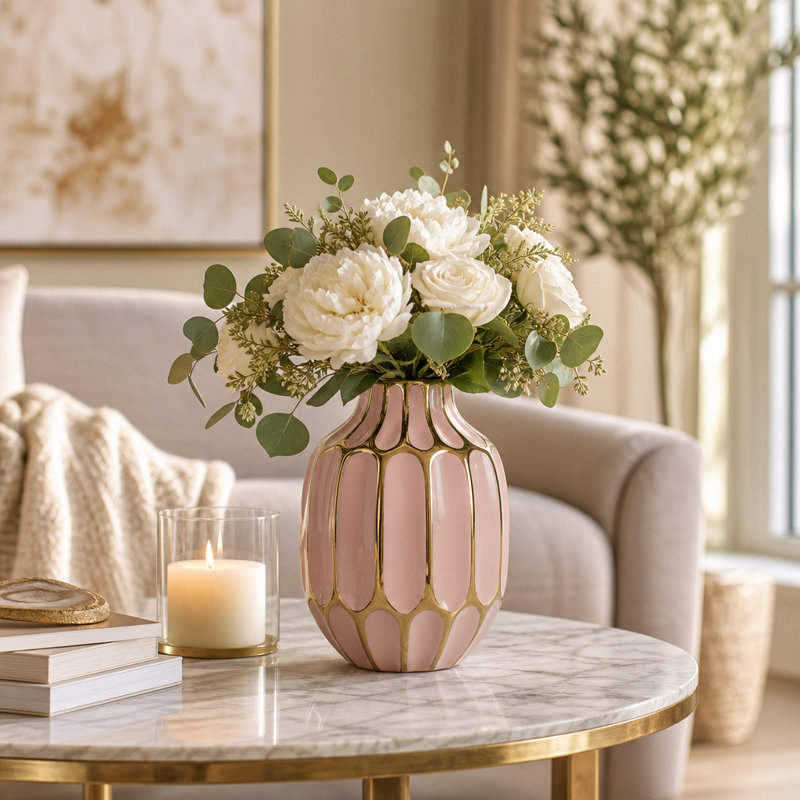Vase de table en céramique Addington, Rayé rose, H 8 po x l 6 po x P 6 po