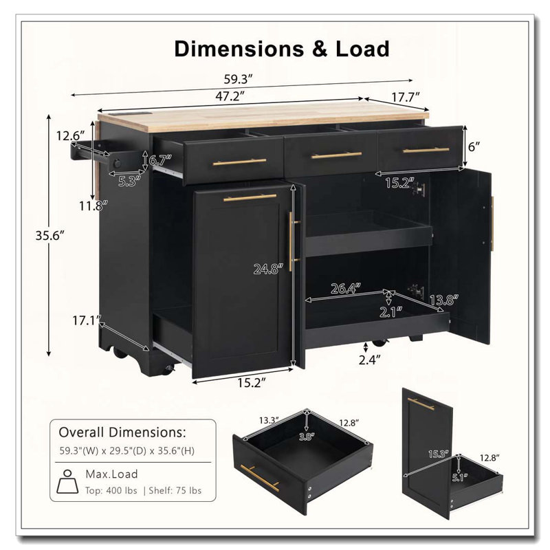 59.3" Kitchen Island with 2 Pull-Out Organizers & Trash Cabinet, Black