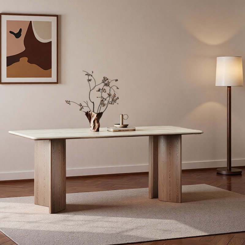 Table Mid-Century rectangulaire en bois et pierre, H 29,5 po x L 63 po x l 31,5 po