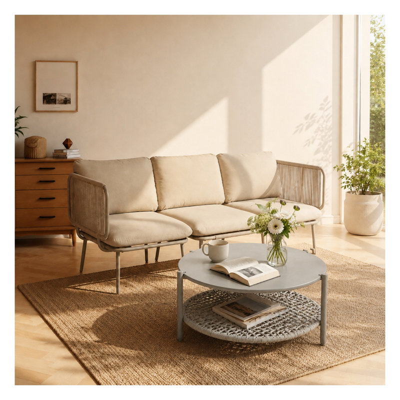 Table basse ronde d'extérieur moderne à deux niveaux, plateau en fer antirouille et étagère en rotin en PE tressé à la main, idéale pour terrasse, jardin et balcon.