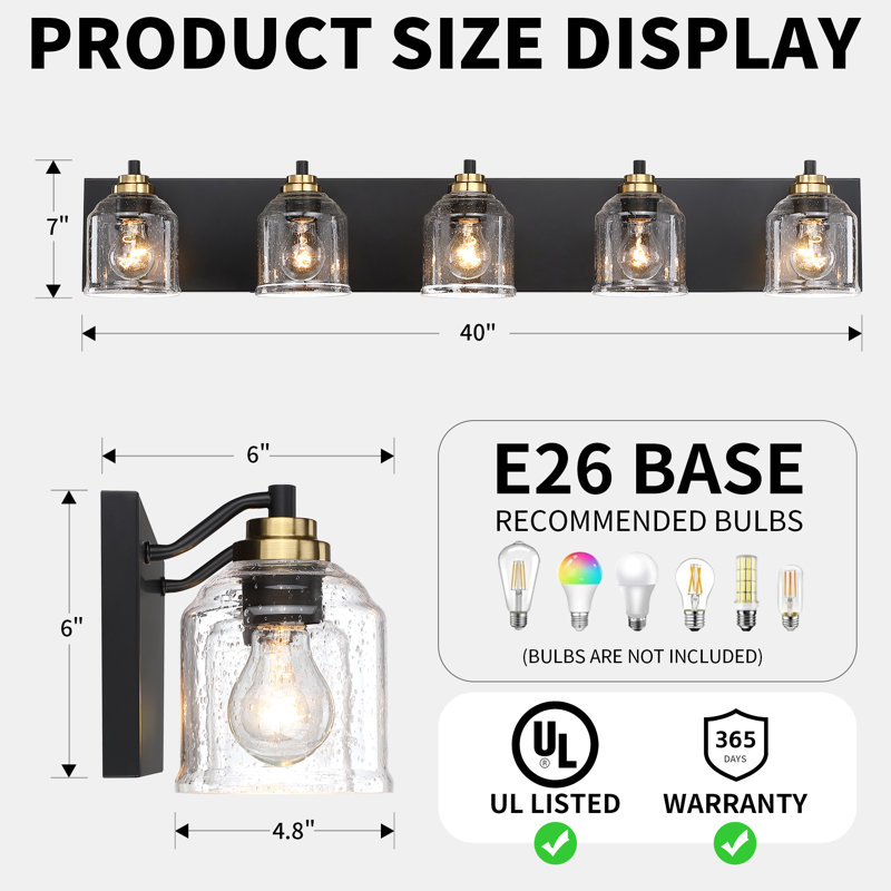 Modern Farmhouse Dimmable Bathroom Vanity Light with Seeded Glass and One-Piece Backplate, 5, Matte Black/Gold