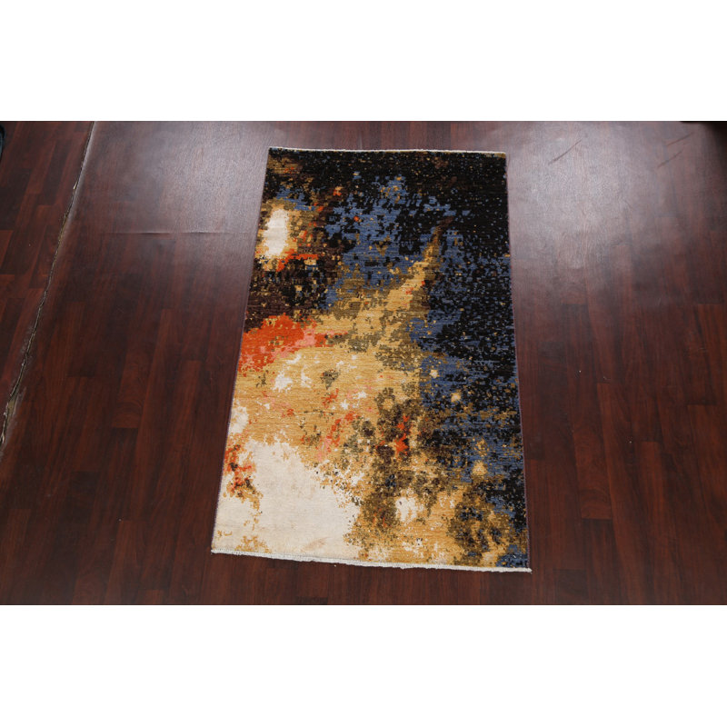Tapis noir / beige / bleu noué à la main de conception unique 4 pi 1 po x 6 pi 10 po New Age