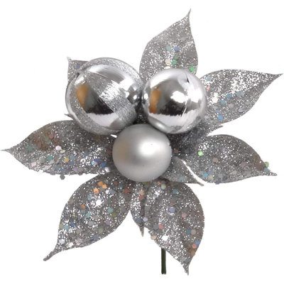 Ensemble de couronnes de Noël à faire soi-même de 61 cm avec pics à poinsettias argentés pailletés de 61 cm et boules décoratives
