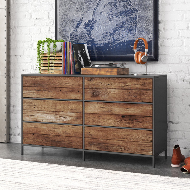 Commode double 6 tiroirs Anrey, Noir / chêne rétro