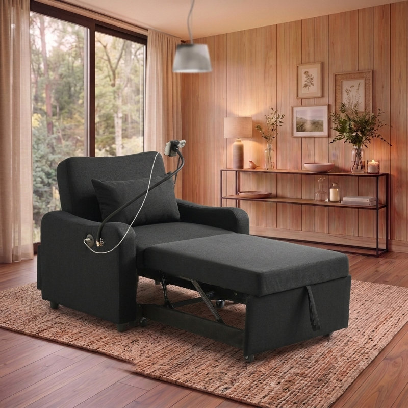Fauteuil-lit convertible 3-en-1 avec dossier réglable, support pour téléphone et port de charge USB, Noir