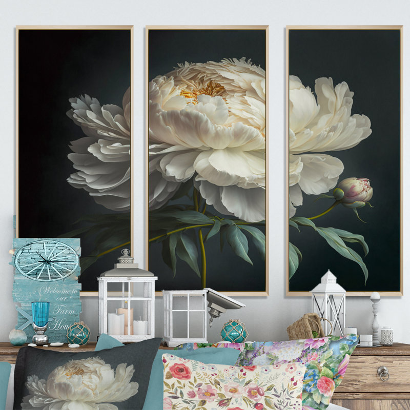 Blooming White Peony V - Blooming White Peony V - reproduction de cadre flottant sur toile 3 pièces, Encadré naturel