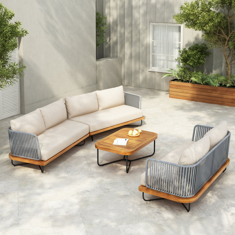 Sullivan Outdoor 4-Piece Acacia Wood Woven Rope Conversation Set With Cushions, Beige Cushion/Gray Rope Teak Frame