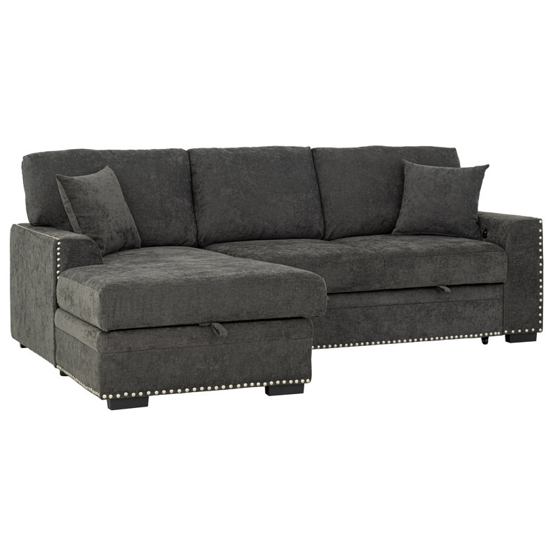 Canapé modulaire gris foncé avec rangement et lit escamotable + bibliothèque avec accoudoirs avec port USB + 2 coussins