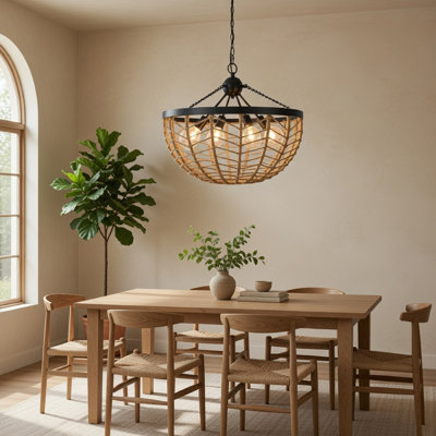 4-Light Dome Style Pendant Chandelier, Burlap, 25 Inch Black